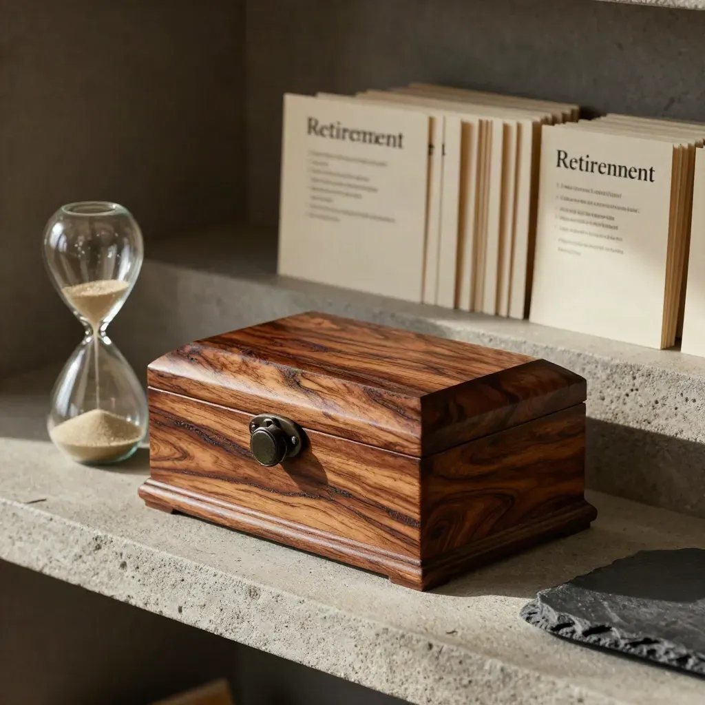 Carved wood time capsule box beside an hourglass and plan cards on a stone shelf.