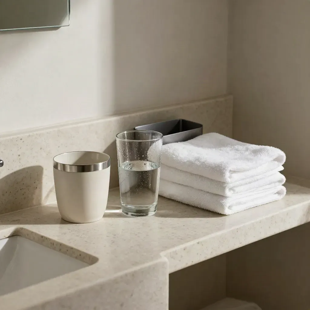 Washroom shelf with cup, water glass, towels, and medical organizer on stone vanity.