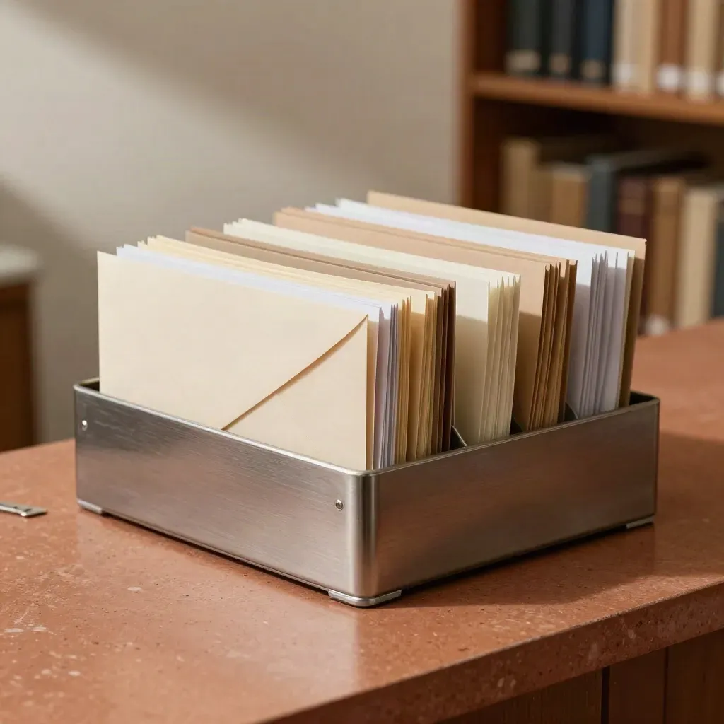 Claim intake tray with frosted sleeves and folders in warm daylight.