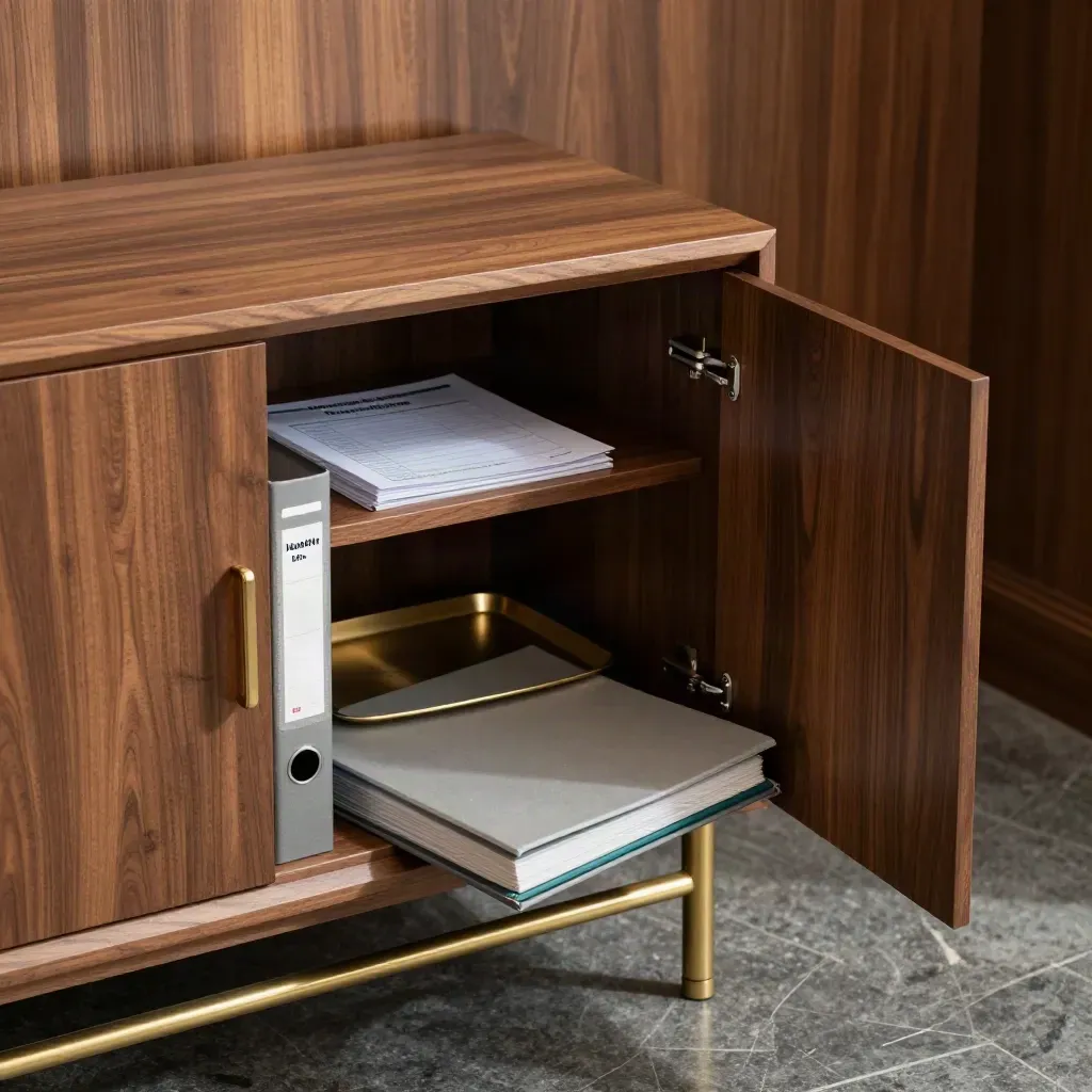 Open law-office credenza with organized benefits binders and brass tray in warm shadow