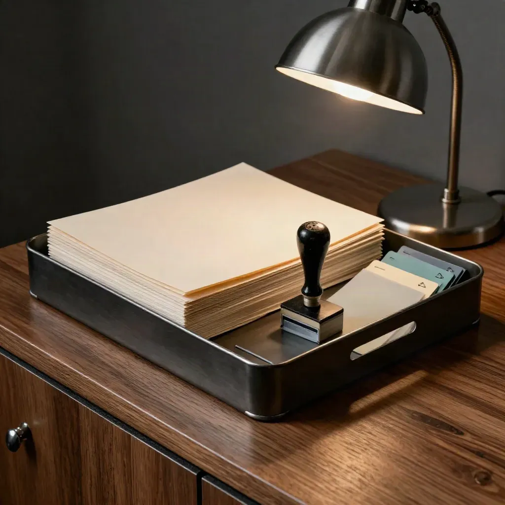 Inbox tray, rubber stamp, and teal file tags under a desk lamp on walnut.