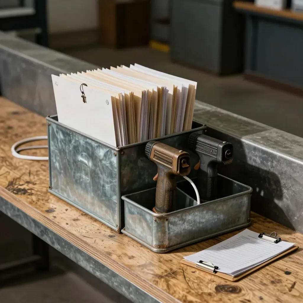 Low-angle site-office claim tray and charging dock on a rugged intake bench in industrial haze.