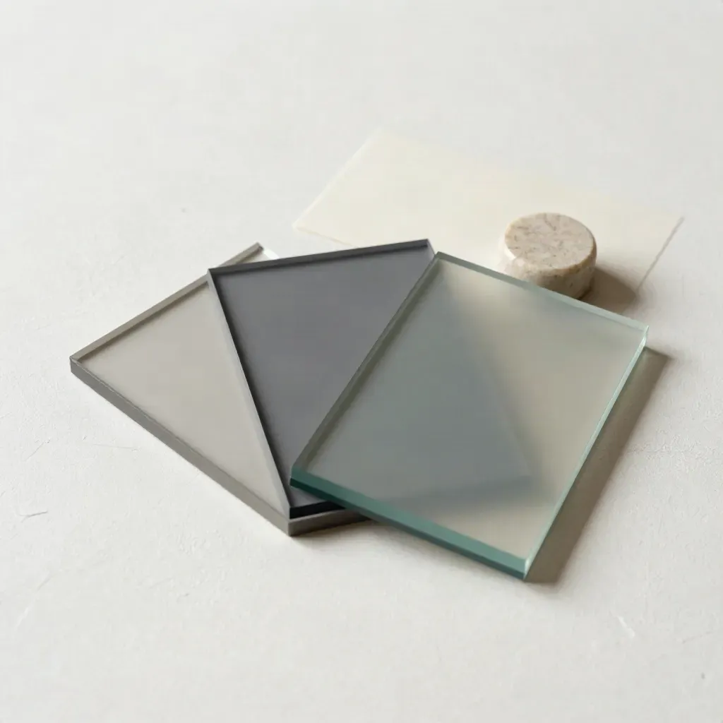 Top-down flatlay of frosted acrylic plan option blocks with a stone stopper on plaster.