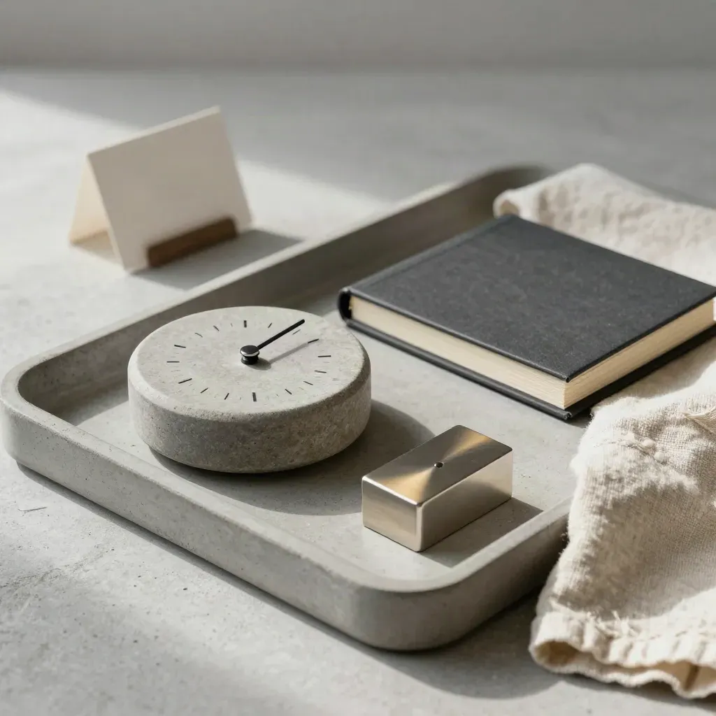 Stone timer, clip folder, metal paperweight on a concrete tray with linen cloth