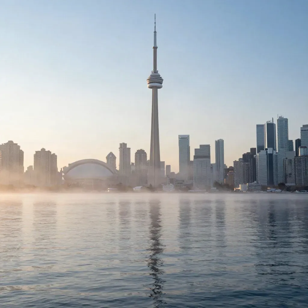 Toronto skyline with CN Tower above calm Lake Ontario at blue dawn, misty and quiet.